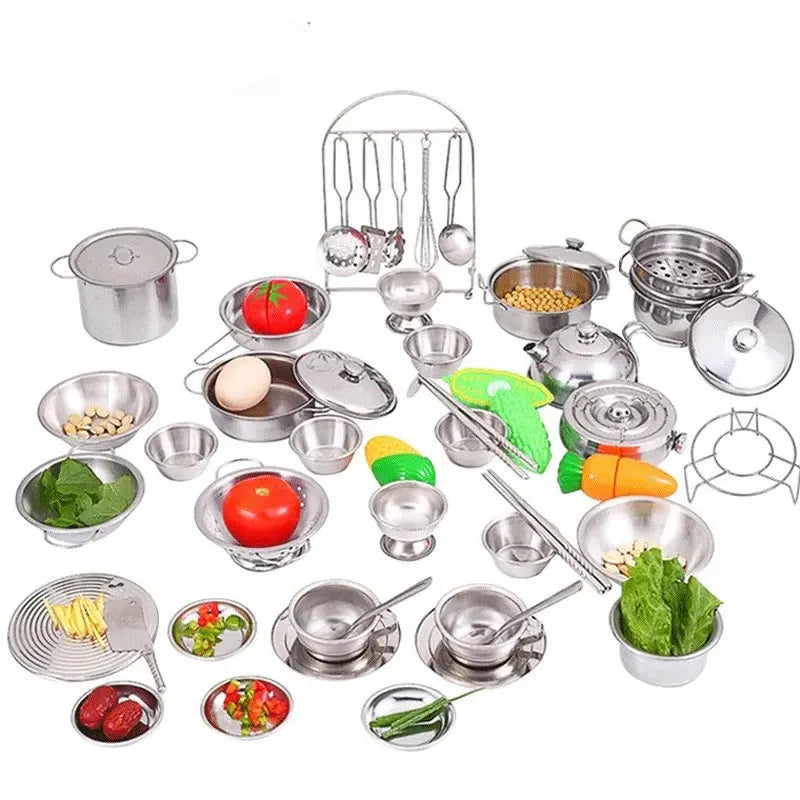 Stainless Steel Action Figures Kids Kitchen Toys Cooking Cookware Children Kitchen Tableware Pretend Role Play Toy for Kids