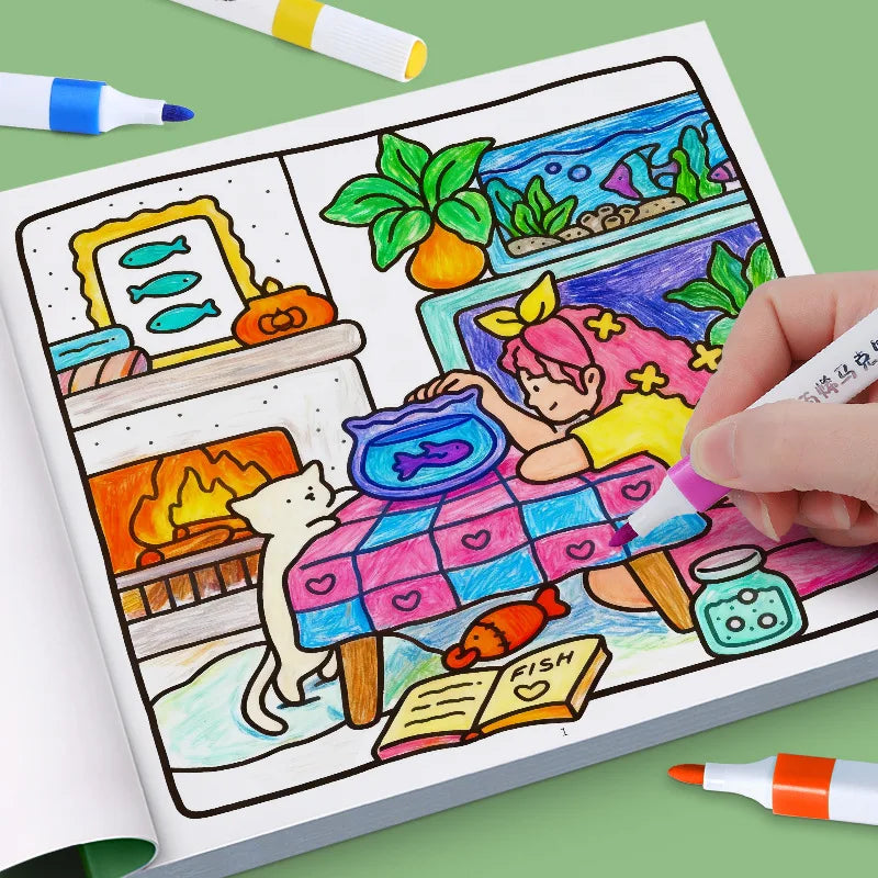 24 Page Fun Coloring Book, Warm Moments for Girls, Creative Entertainment, Fantasy Illustrations, Hand Drawn Art Drawing Book