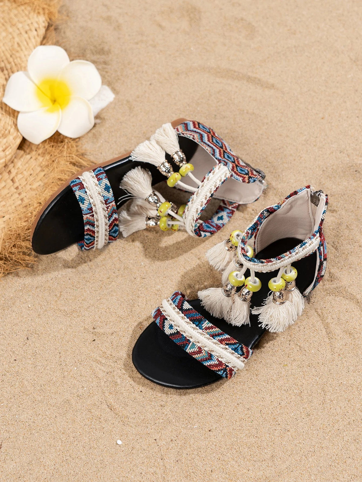 Toddler Beach Sandals - Bohemian Tassel Beaded Girls Summer Shoes Soft Sole for Vacation & Play