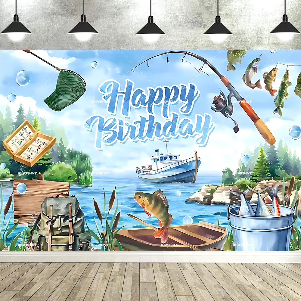 Fishing Themed Birthday Party Decoration Photography Backdrop, Children's and Adults' Birthday Party Banner Photography Backdrop