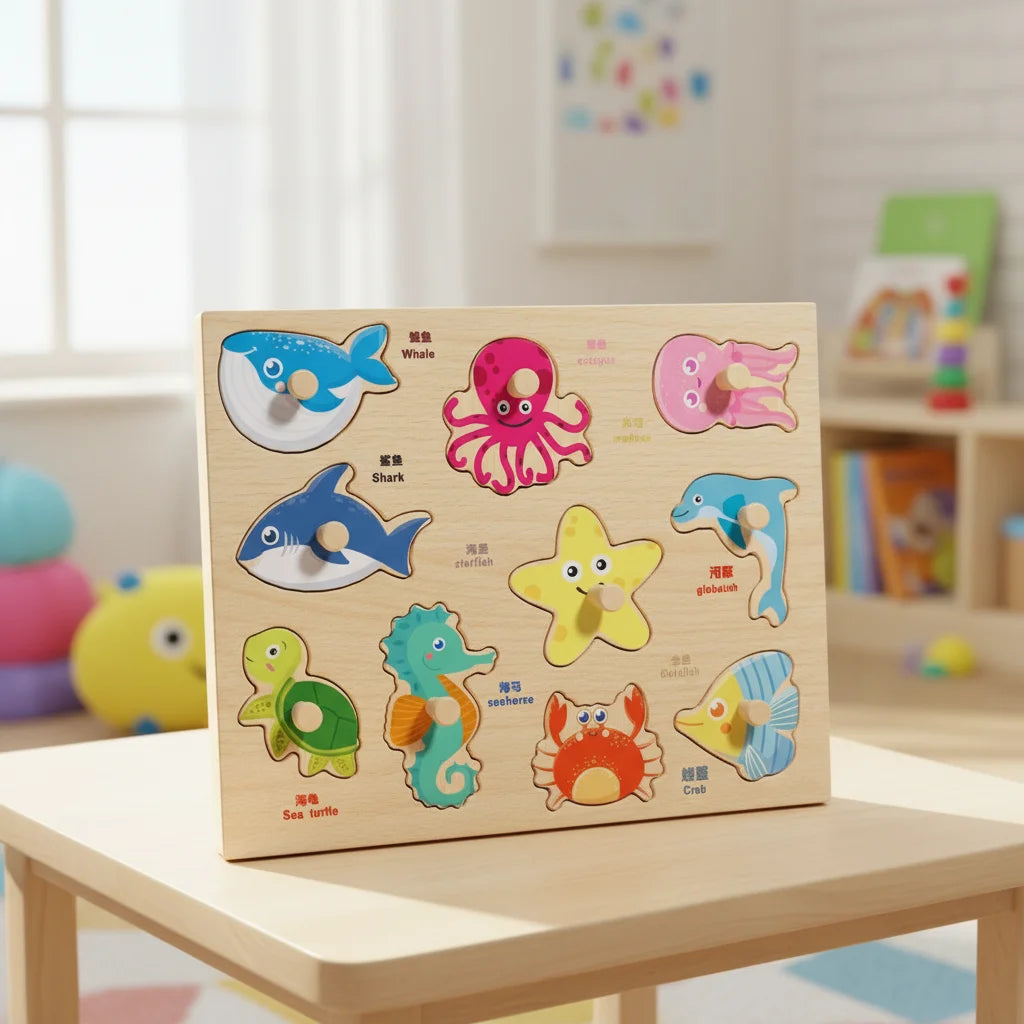 Montessori Hand Grab Boards Toys Cartoon Shape Matching Tangram Jigsaw Game Multifunction Creative Wooden Puzzle Toys Kids