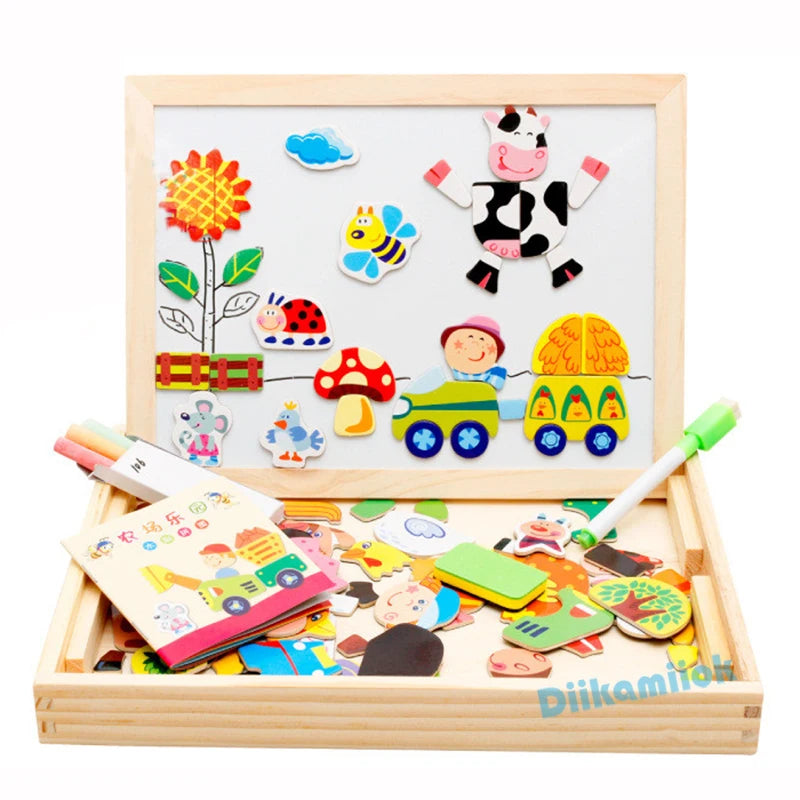 Magnetic 3D Puzzles for Kids Montessori Games Educational Toys for Children Blackboard Whiteboard Drawing Wooden Jigsaw Puzzle