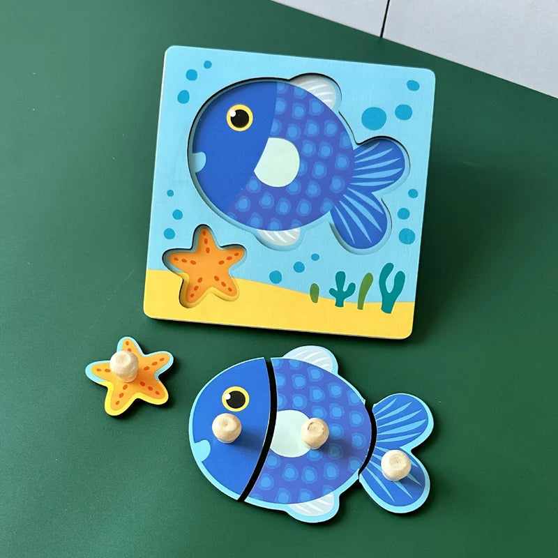 Baby Toys Montessori Wooden Puzzles Hand Grab Boards Toys Kids Early Learning Educational Cartoon Animal Fruit Vehicle Cognitive