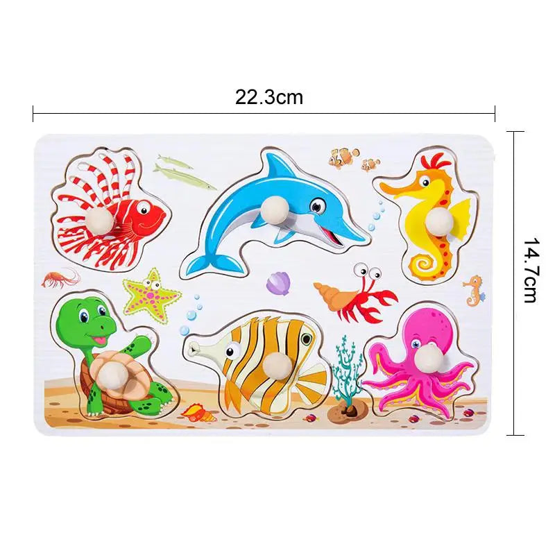 ﻿Montessori Wooden Hand Grab Boards Baby Educational Cartoon Vehicle Animals Fruits 3D Puzzles Kids Early Education Toys TMZ﻿