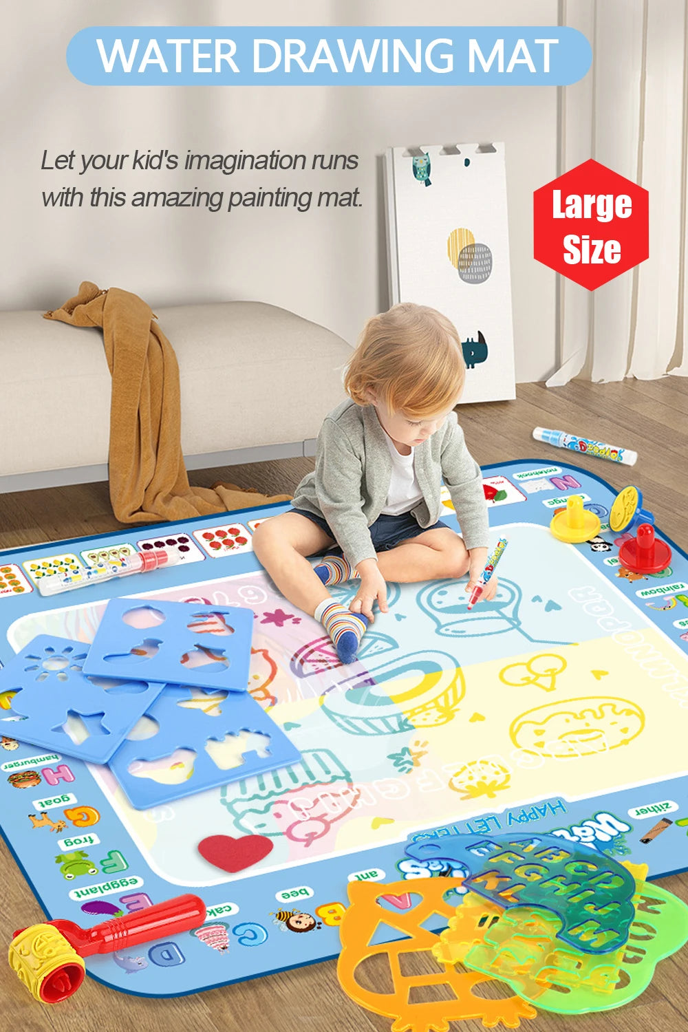 100x80CM Magic Water Drawing Doodle Mat With Reusable Magic Pens Coloring Painting Board Montessori Educational Toys Kids Gifts