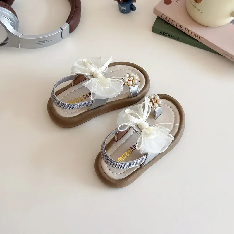Kids Summer Fashion Platform Sandals Girls Rhinestone Straps Beach Shoes Woman Ribbon Bow Versatile Soft Sole Kid Princess Shoes