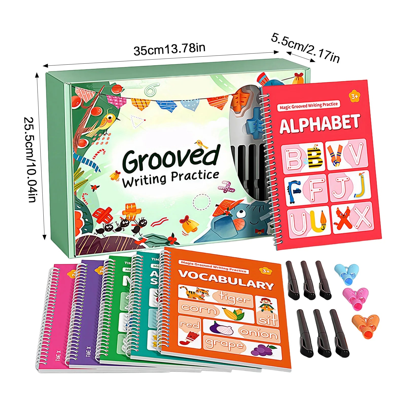 Kids Calligraphy Practice Book with Writing Correction Guide Reusable Handwriting Book with 6 Erasable Pens and 3 Grips
