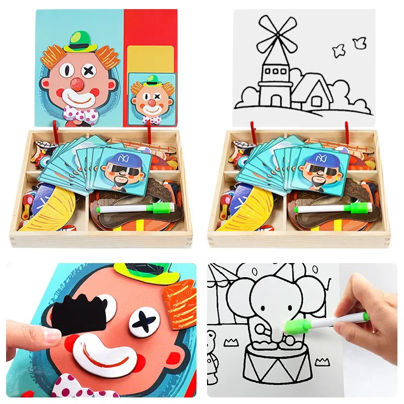 Magnetic 3D Puzzles for Kids Montessori Games Educational Toys for Children Blackboard Whiteboard Drawing Wooden Jigsaw Puzzle