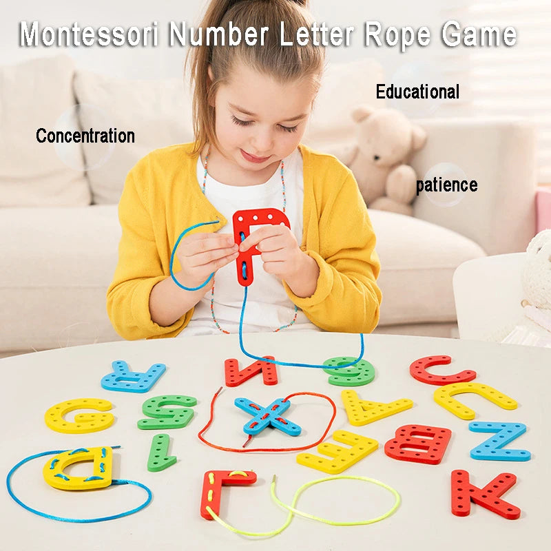 Wooden Number Letter Rope Game Early Education Cognitive Handmade Rope Letter Educational Toys Hand Eye Coordination Training
