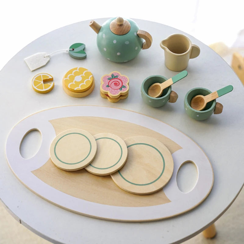 Wooden Afternoon Tea Set Toy Kitchen Accessories Tea Party Food Play Early Educational Toys for Toddlers Girls Boys Kids Gifts