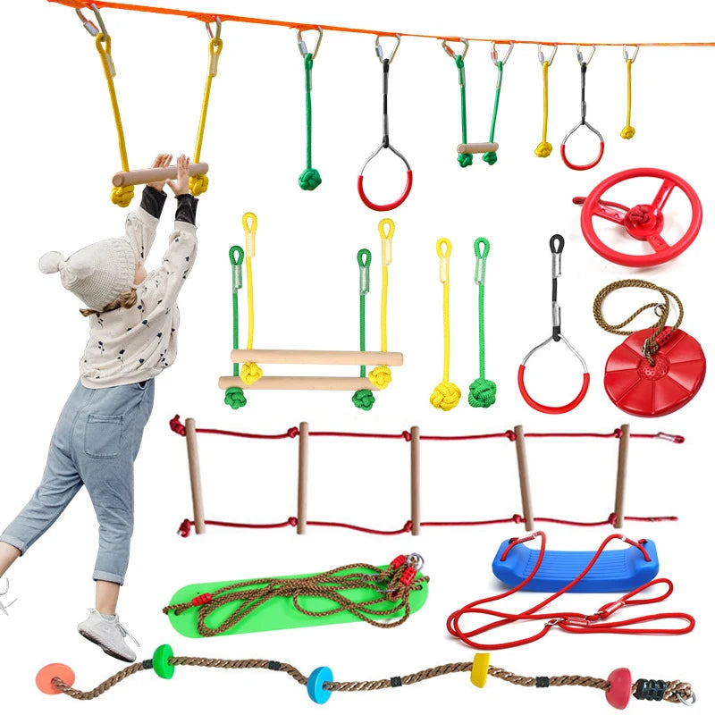 Ninja Tree Swing Toys Warrior Obstacle Course for Kids with Pulley Kit with Accessories Monkey Bars Gym Rings Climbing Ladder