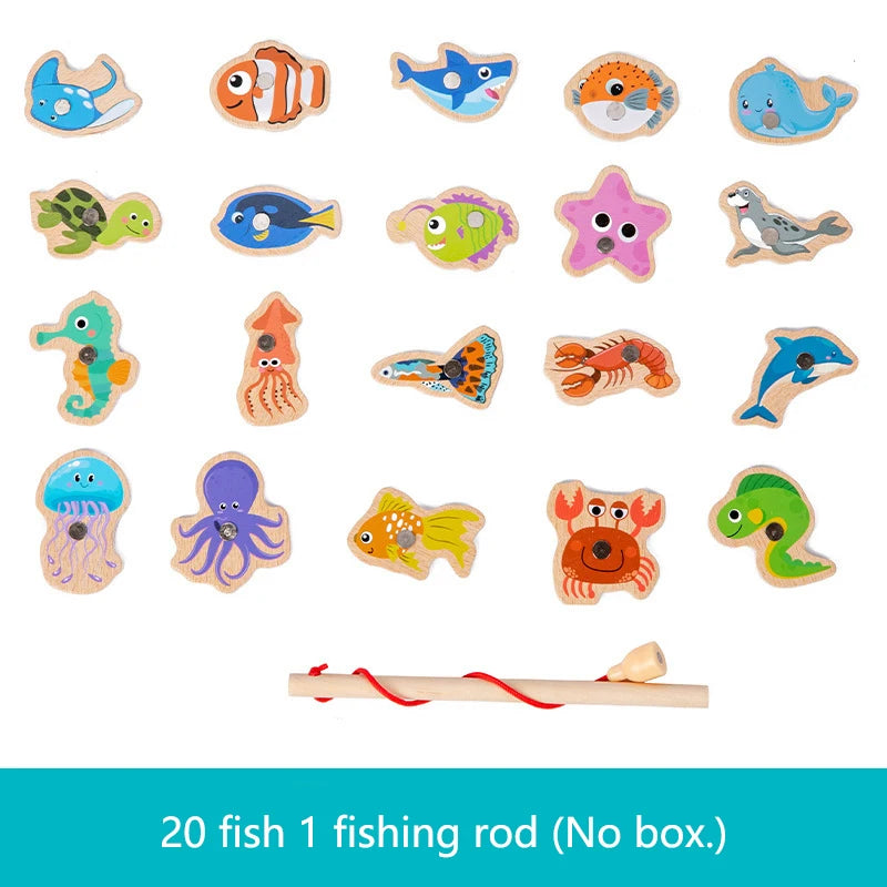 Montessori Wooden Magnetic Fishing Toys Marine Life Cognition Fish Games Early Educational Toy for Kids Parent-child Interactive