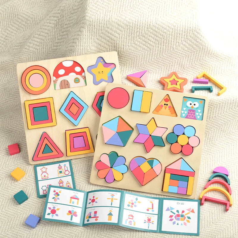 Montessori Children Wooden Rainbow DIY Shape Jigsaw Blocks Puzzle Board Educational Matching Activity Learning Toys for Kids