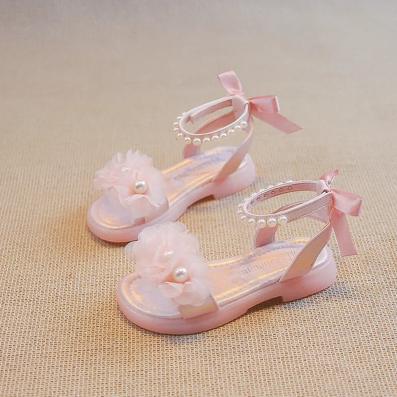 Girls Gladiator Sandals Lace Floral with Pearls Beading Bow-knot on The Back Fashion Princess 2024 Summer New Kids Beach Sandals