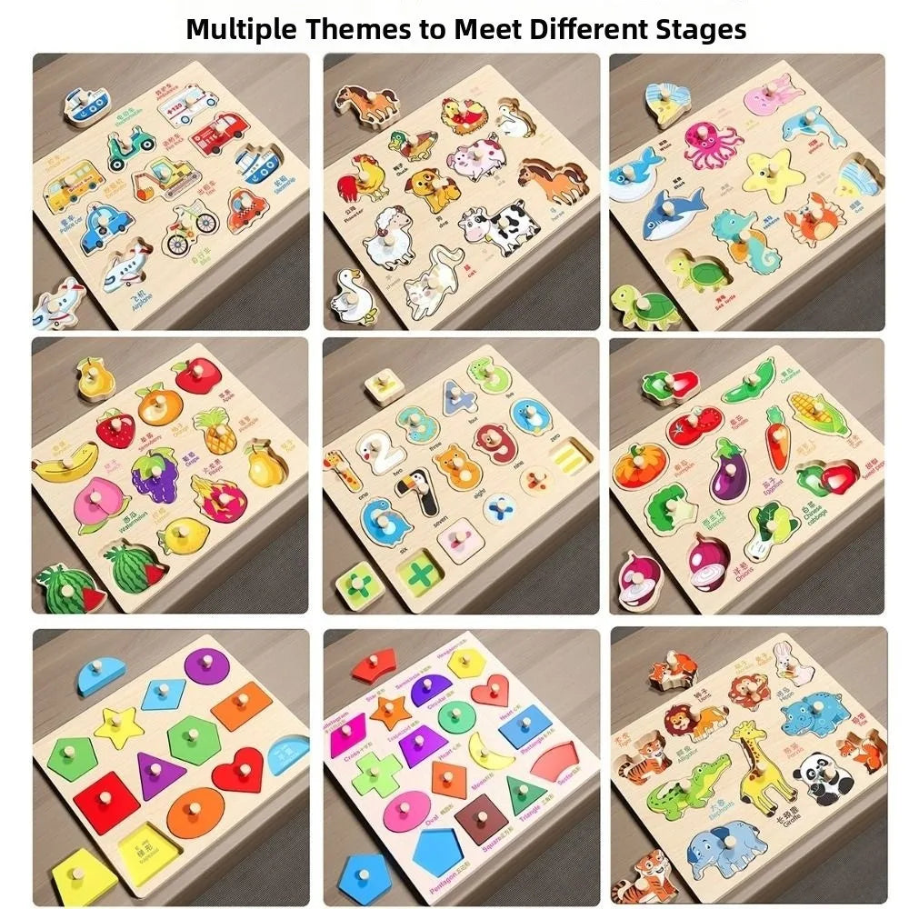 Montessori Hand Grab Boards Toys Cartoon Shape Matching Tangram Jigsaw Game Multifunction Creative Wooden Puzzle Toys Kids