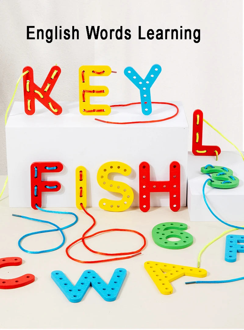 Wooden Number Letter Rope Game Early Education Cognitive Handmade Rope Letter Educational Toys Hand Eye Coordination Training