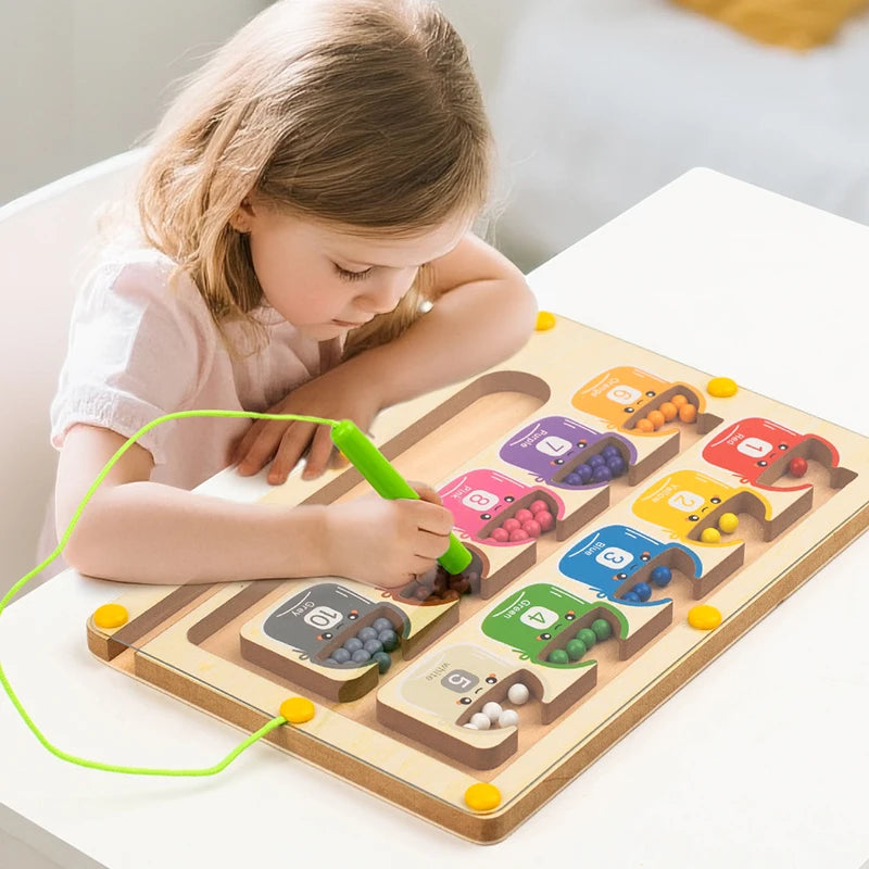 Toddler Montessori Toys 2 in 1 Wooden Magnetic Color & Number Maze With Drawing Board Color Sorting Counting Matching Toy
