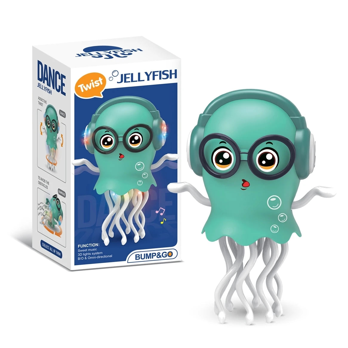 An electrically-powered crawling dancing jellyfish toy, an octopus with automatic obstacle sensor, intelligent LED lights and mu