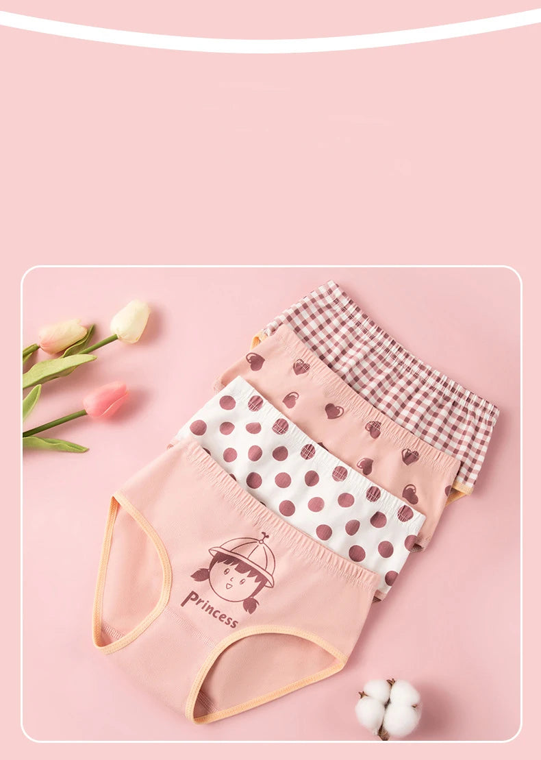 4Pcs Girls Cotton Panties Kid Breathable Soft Pretty Cartoon Briefs Young Children Underwears Toddler Antibacterial Knickers