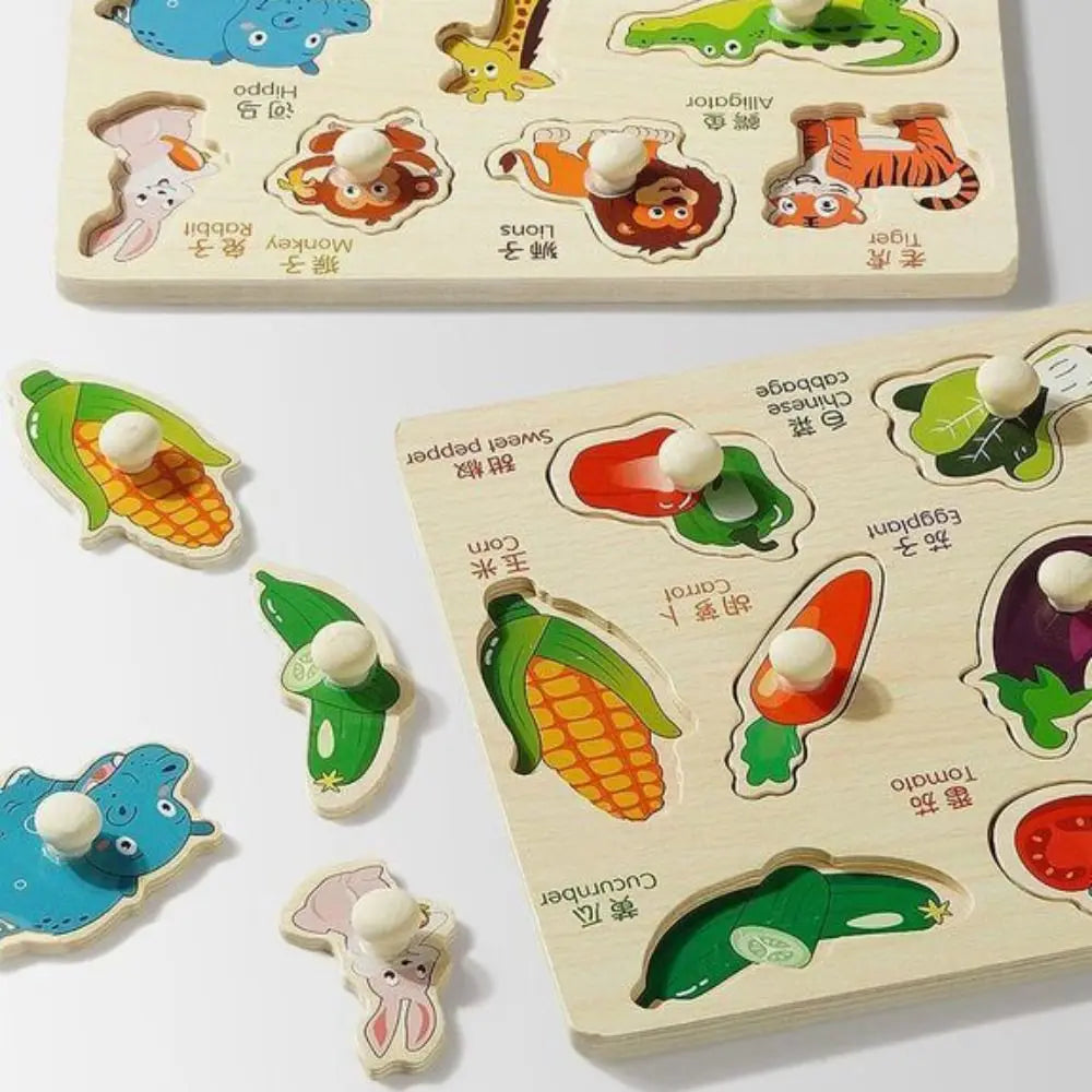 Montessori Hand Grab Boards Toys Cartoon Shape Matching Tangram Jigsaw Game Multifunction Creative Wooden Puzzle Toys Kids