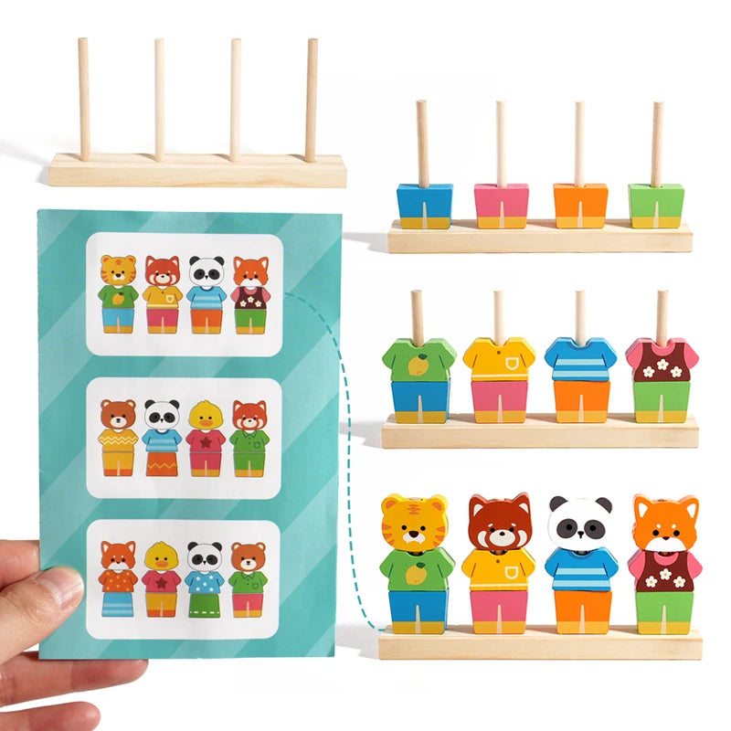 Wooden Children's Animal Changing Clothes Column Pattern Matching Color Recognition Fine Motor Training Game Educational Toys