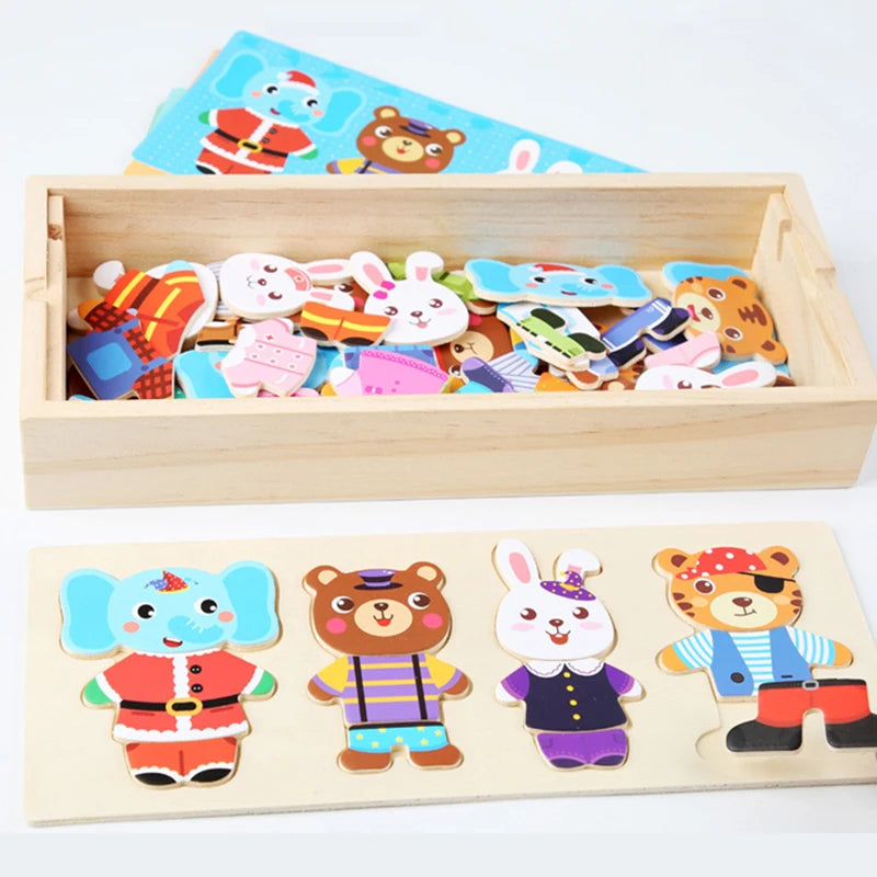 Little Bear Change Clothes Montessori Kids Early Education Wooden Jigsaw Puzzle Dressing Game Baby Puzzle Toys For Children Gift