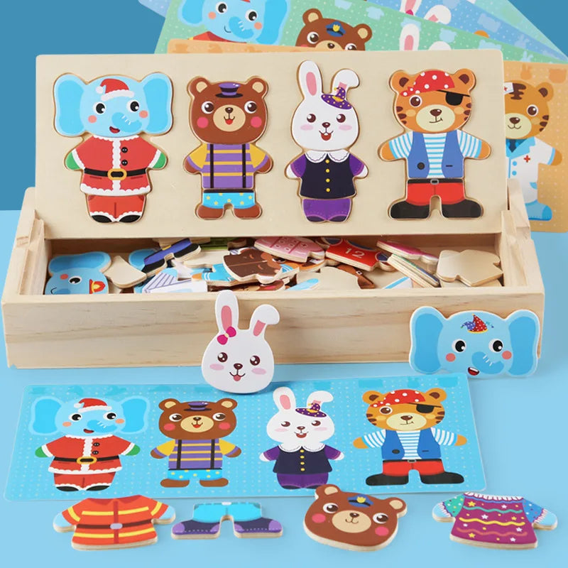 Little Bear Change Clothes Montessori Kids Early Education Wooden Jigsaw Puzzle Dressing Game Baby Puzzle Toys For Children Gift