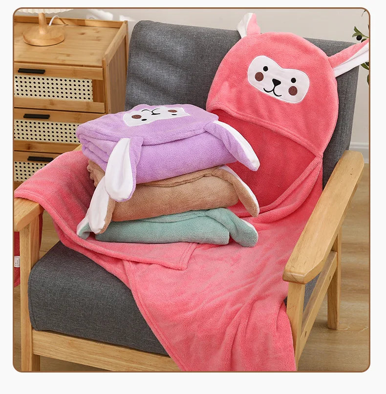 Cartoon Animal Hooded Bath Towel for Kids Coral Fleece Super Absorbent Non Shedding Bathrobe Cape for Toddler Baby