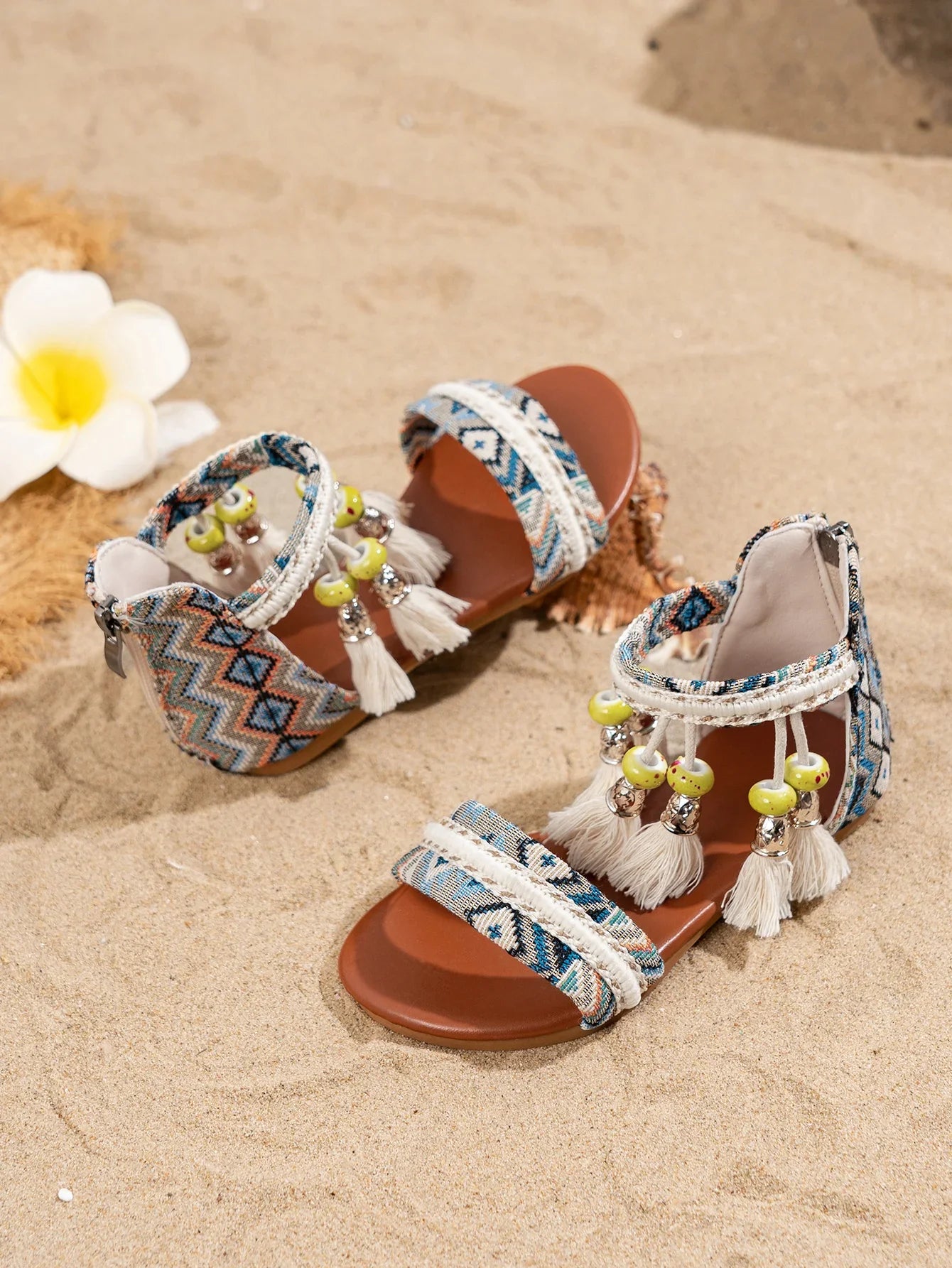 Toddler Beach Sandals - Bohemian Tassel Beaded Girls Summer Shoes Soft Sole for Vacation & Play
