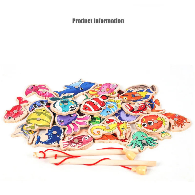 Magnetic Fishing Toys Game Set for Kids Montessori Wooden Cartoon Fishing Rod Educational Toys Birthday Party Toddle Gifts