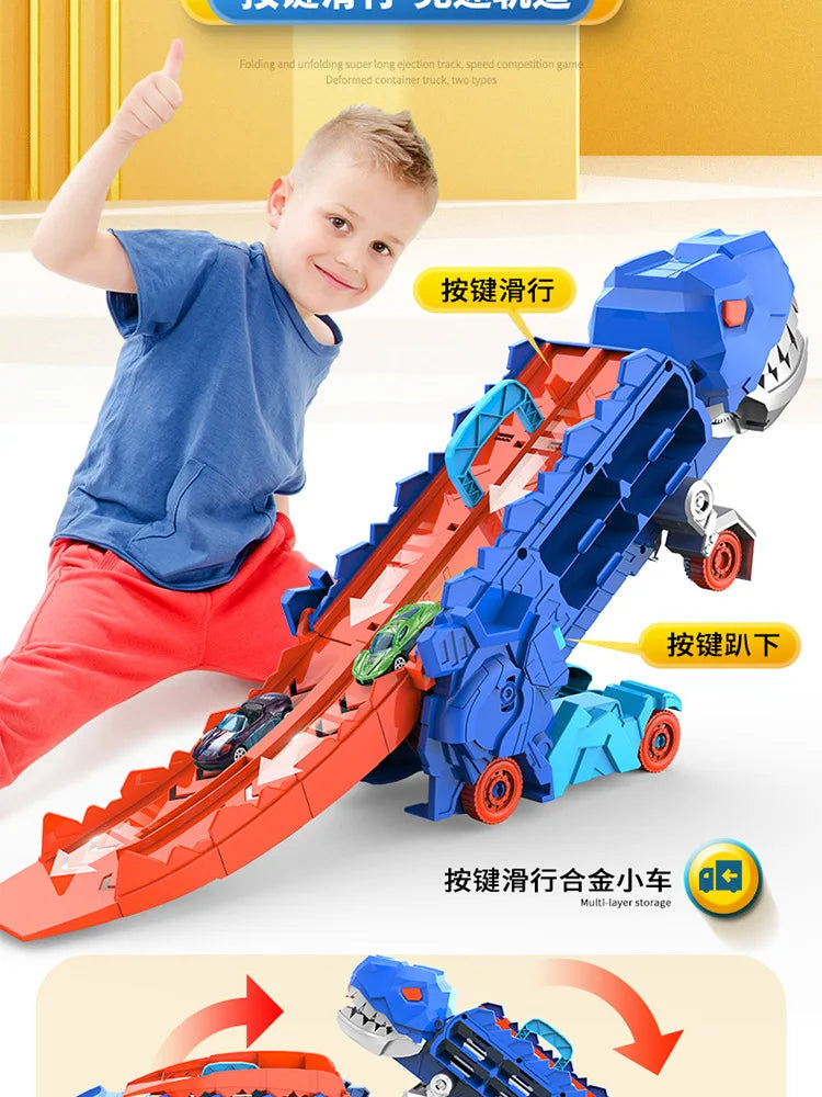 New Product Folding Dinosaur Transporter Car Competitive Game Roll To Eat Car Vehicle Racing Track With Mini Car Kid Gift Toy