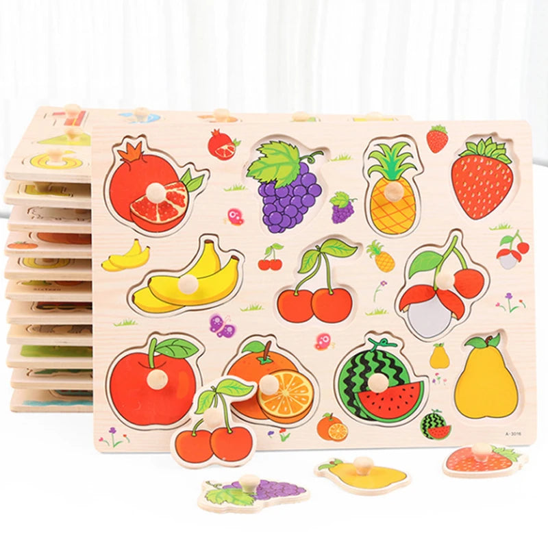 Wooden Puzzle Montessori Toys for Children Animal Traffic Hand Grab Boards Cartoon Kids Early Learning Educational Toy TMZ