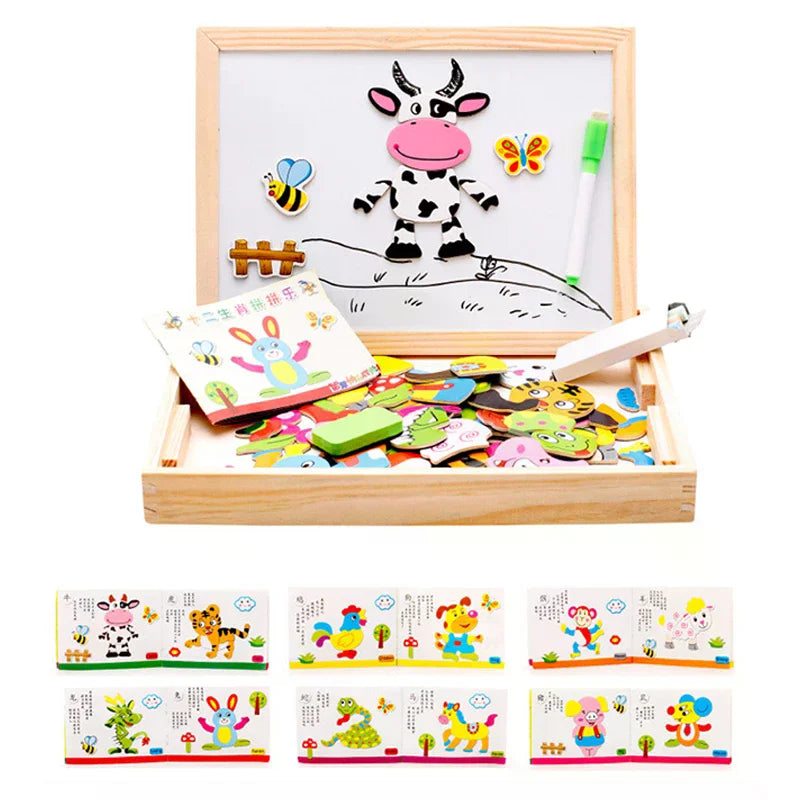 Wooden Multifunction Children Animal Puzzle Writing Magnetic Drawing Board Blackboard Learning Education Toys For Kids