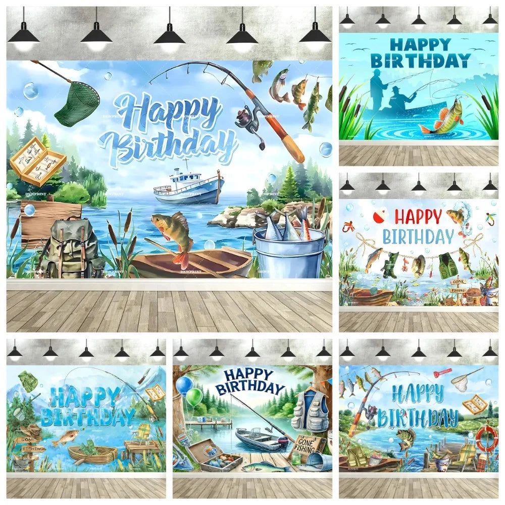 Fishing Themed Birthday Party Decoration Photography Backdrop, Children's and Adults' Birthday Party Banner Photography Backdrop