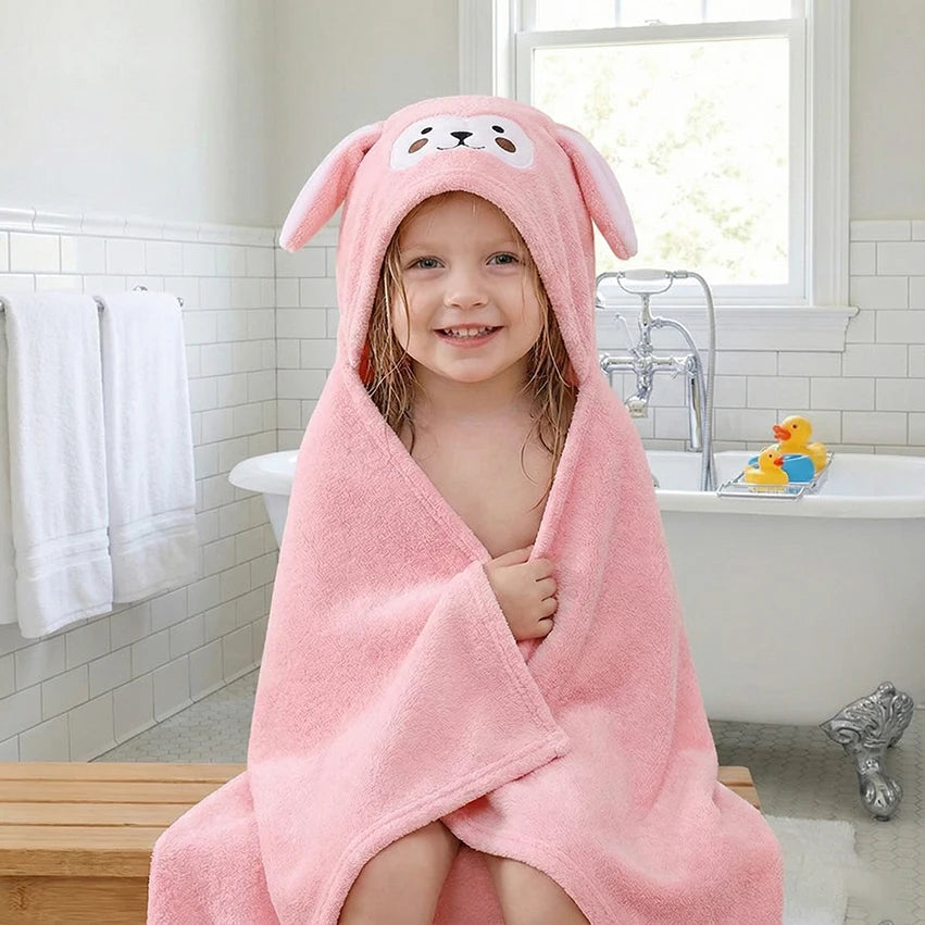 Cartoon Animal Hooded Bath Towel for Kids Coral Fleece Super Absorbent Non Shedding Bathrobe Cape for Toddler Baby