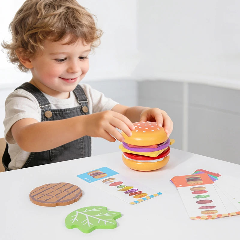 Montessori Wooden Hamburger Pretend Play Toy Educational Simulation Food Matching Stacking Game with Cards for Kids 2 Years Gift