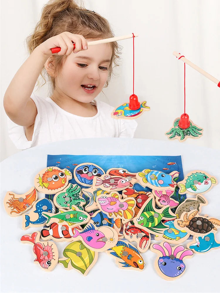 Magnetic Fishing Toys Game Set for Kids Montessori Wooden Cartoon Fishing Rod Educational Toys Birthday Party Toddle Gifts