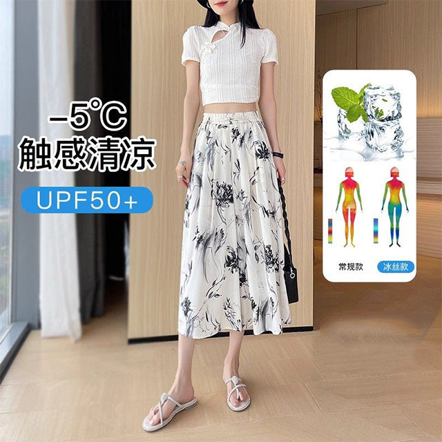 Ice Silk A-Line Flared Skirt Pants for Women, 2026 Summer Floral Drape Casual Fashion Thin National Style Cropped Wide-Leg…