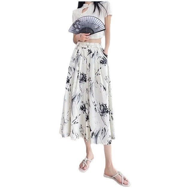 Ice Silk A-Line Flared Skirt Pants for Women, 2026 Summer Floral Drape Casual Fashion Thin National Style Cropped Wide-Leg…