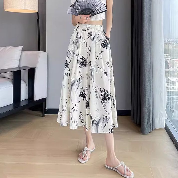 Ice Silk A-Line Flared Skirt Pants for Women, 2026 Summer Floral Drape Casual Fashion Thin National Style Cropped Wide-Leg…