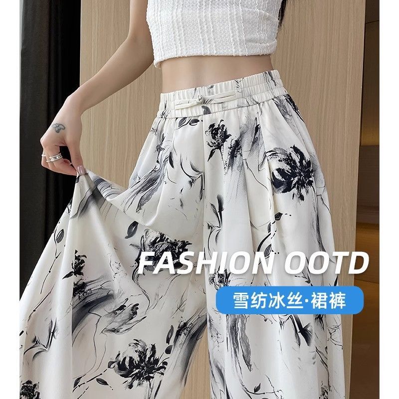 Ice Silk A-Line Flared Skirt Pants for Women, 2026 Summer Floral Drape Casual Fashion Thin National Style Cropped Wide-Leg…