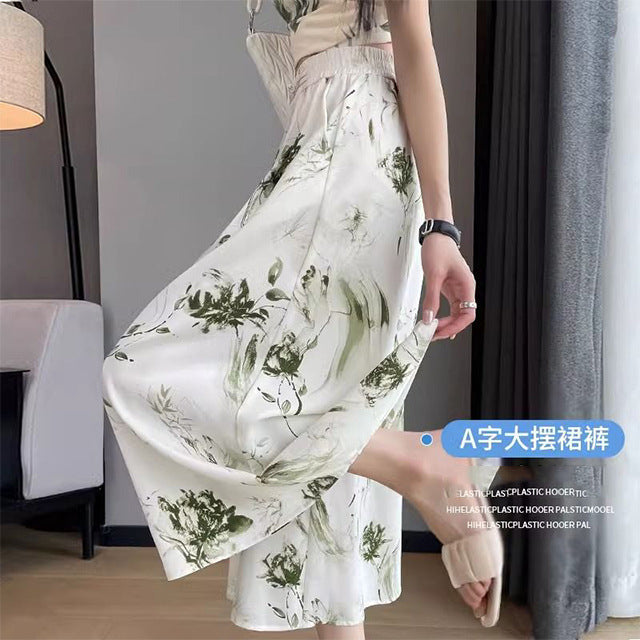 Ice Silk A-Line Flared Skirt Pants for Women, 2026 Summer Floral Drape Casual Fashion Thin National Style Cropped Wide-Leg…