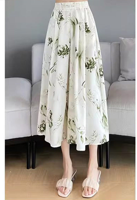 Ice Silk A-Line Flared Skirt Pants for Women, 2026 Summer Floral Drape Casual Fashion Thin National Style Cropped Wide-Leg…