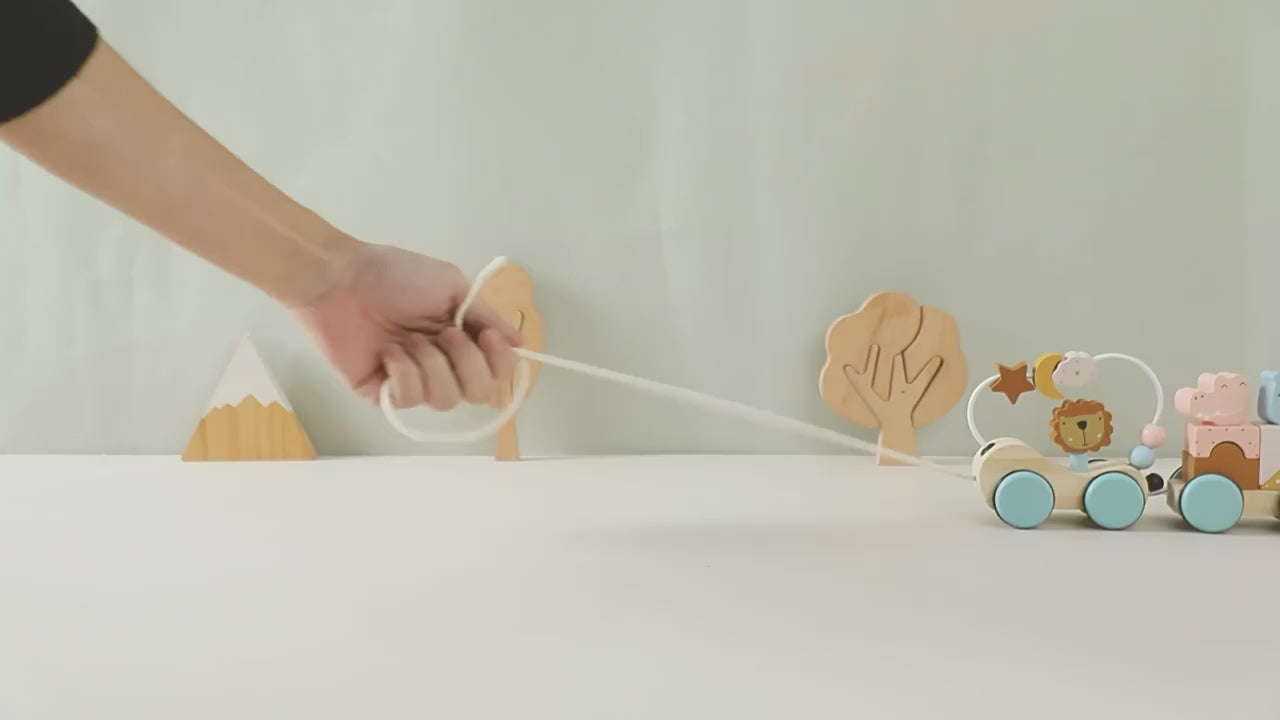 Children's Wooden Early Education Educational Multifunctional Trolley Lion Animal Beads Rope Trolley Hands-on Brain Toys