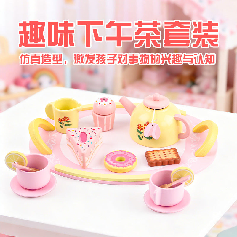 Children's Wooden Simulation Afternoon Tea Set for Girls and Boys, Pretend Play Tea Set, Dessert Mini Kitchen Toys