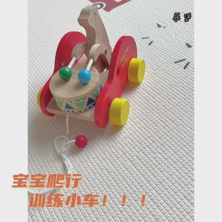 Wooden toy for toddlers pull along walker early education toy children s educational beech wood bear drumming trolley