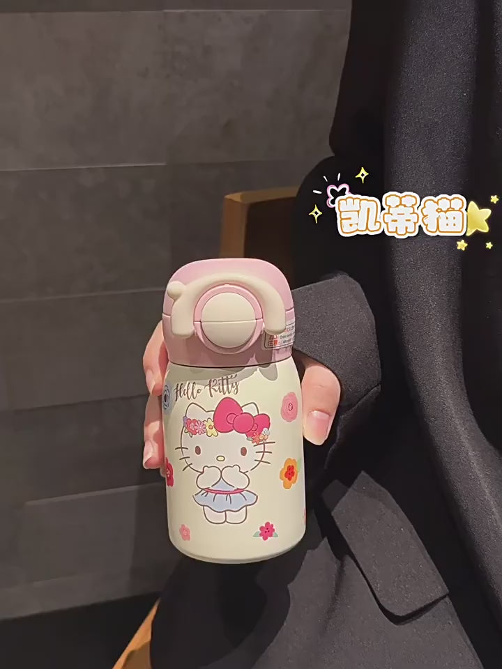 Sanrio Hello Kitty Water Cup, Cute and Cute Kidsren's Straw Double Drinking Cup, Mini Flap Pocket Pants Thermos Cup